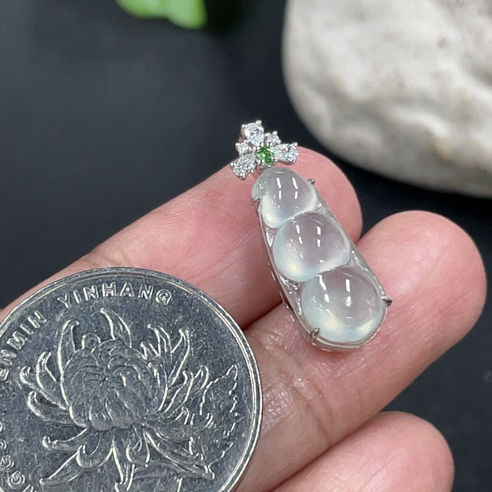 Jadeite Lucky Bean Pendant, 18K Gold Setting with Diamond Accents (Colorless)