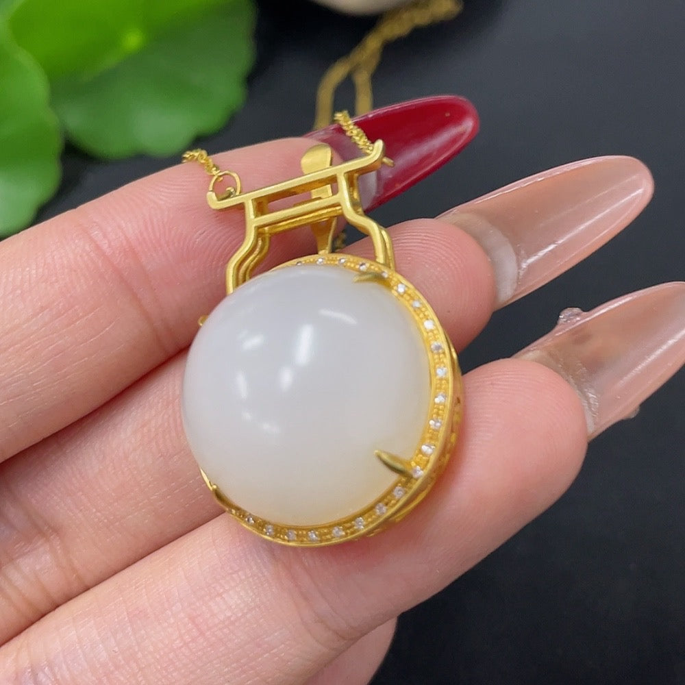 Hetian Jade Pendant with 18K Gold and Diamond Accents, Total Weight Approx. 10.5g (Including Chain)