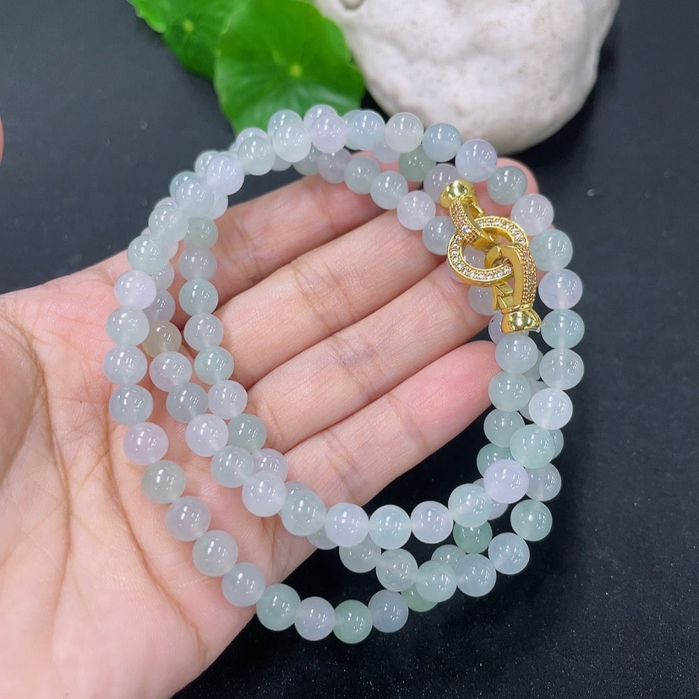 HKHQ jadeite bead necklace, non-gold style, featuring smooth green jade beads, weighs 44.94 grams, elegant jewelry accessory.