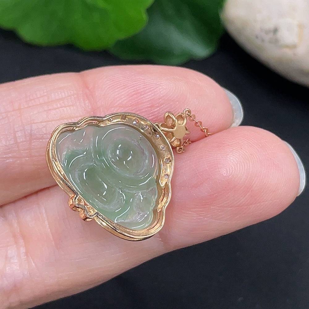 Jadeite Buddha pendant with 18K gold chain, featuring diamond accents and a single non-diamond stone, from HUILIU HQ.
