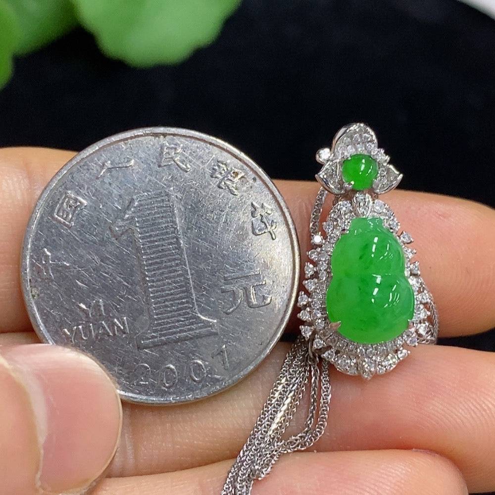 Huiliu Jadeite gourd pendant with diamond accents and chain, featuring inlaid jade craftsmanship and elegant design.