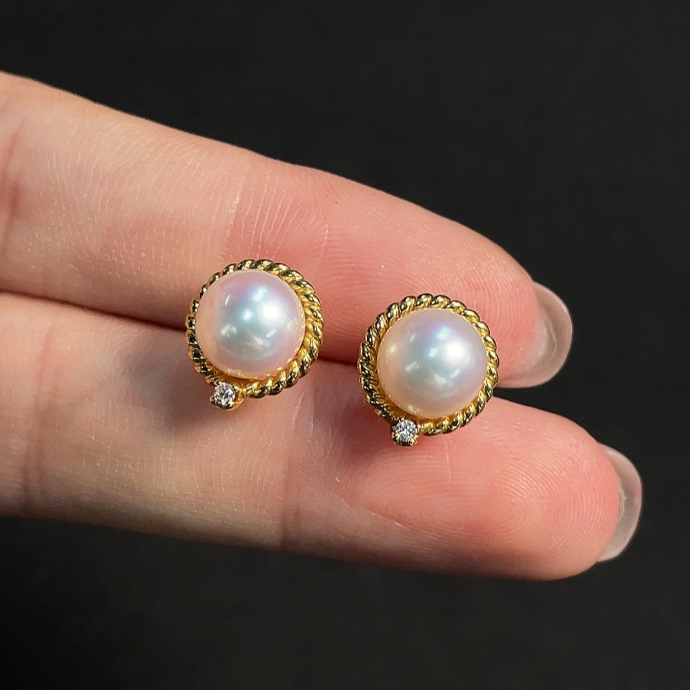 Pearl Earrings Set in 18K Gold, Approximately 7.6mm, Accented with Diamonds