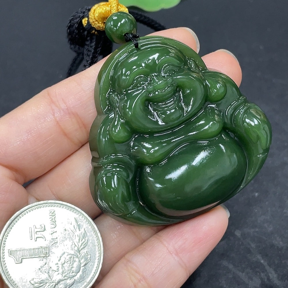 Hetian jade jasper pendant featuring a Buddha figure, weighing approximately 42.2g including rope, from HKHQ.