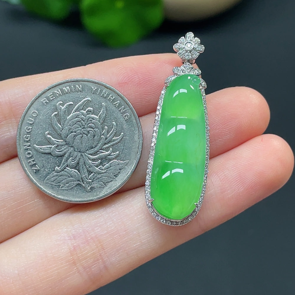 Jadeite Bean Pendant with 18K Gold and Diamond Accents