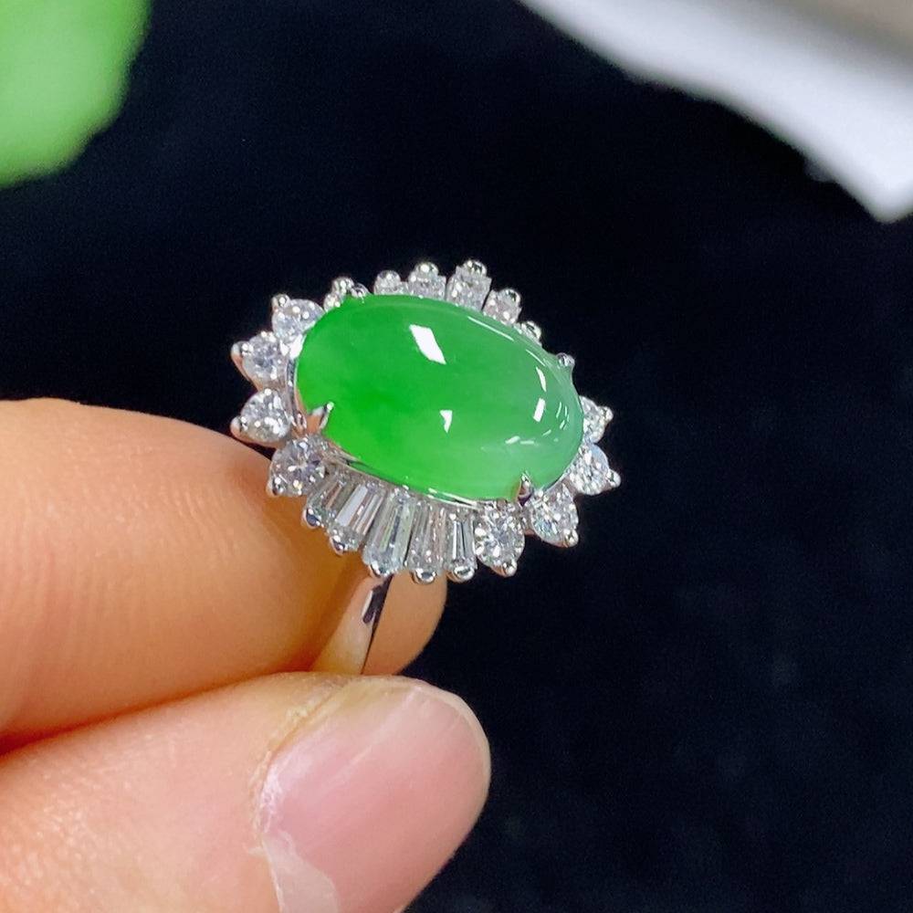 Huiliu Jadeite ring with diamond accents, featuring a polished jade gemstone set in a elegant band, certified by Huiliu HQ.