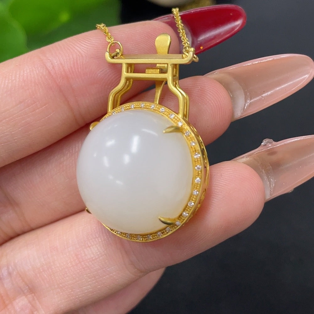 Hetian Jade Pendant with 18K Gold and Diamond Accents, Total Weight Approx. 10.5g (Including Chain)