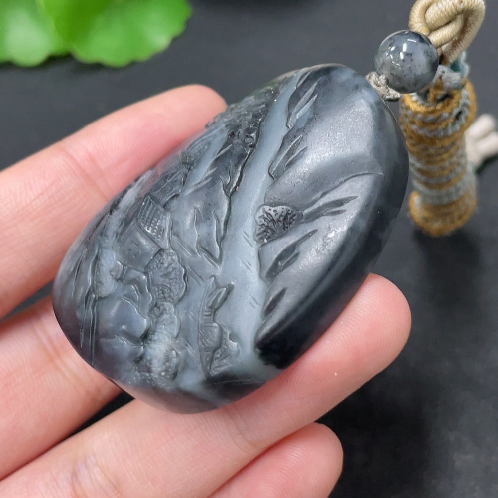 HKHQ Hetian Jade pendant featuring a landscape design, weight 54g with rope, showcasing smooth undetermined skin color formation.