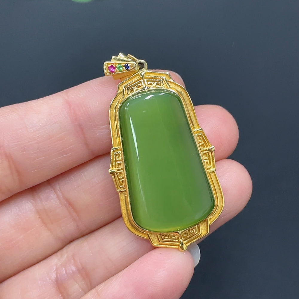 Hetian Jade Jasper Inlaid Plain Pendant 18k Gold Total Weight Approx.7g Precious Metal Affects Color