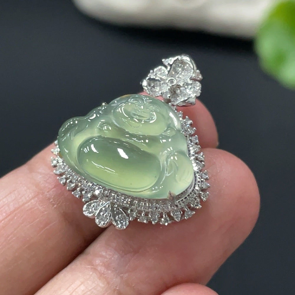 Jadeite Buddha Pendant Set in with Diamond Accents, . | Huiliu Certified