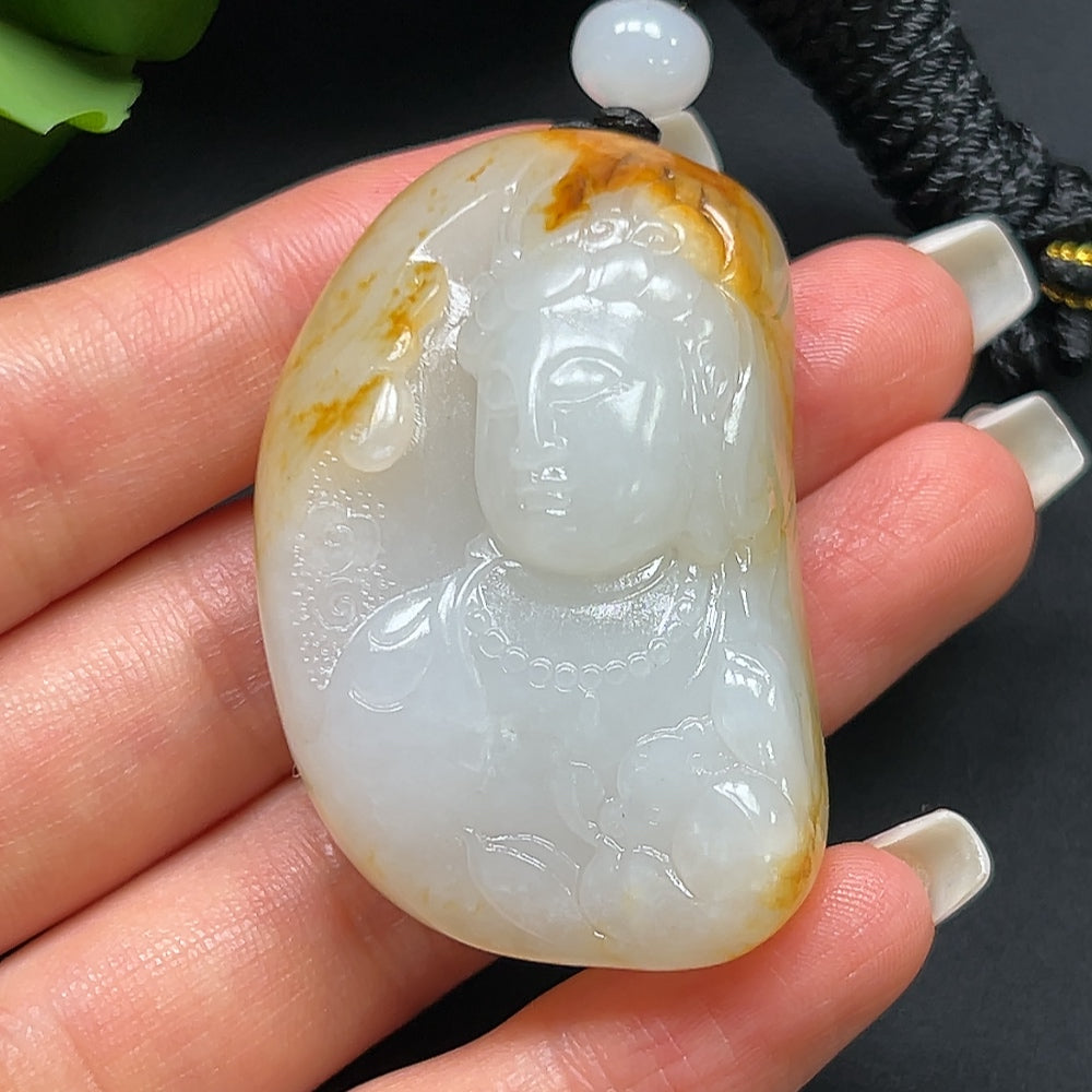 Hetian Jade Guanyin Pendant, color origin undetermined, including rope