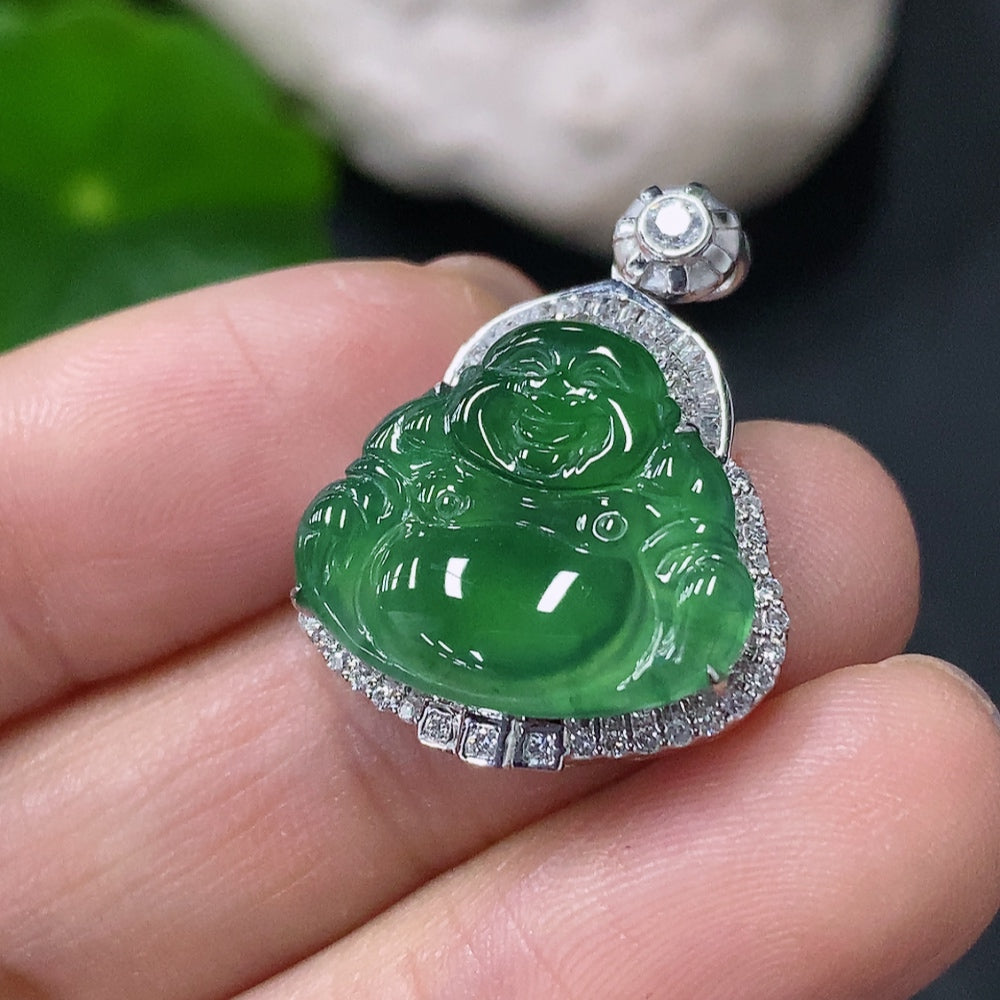 Huiliu Jadeite Buddha pendant set with diamond accents, featuring a detailed carved Buddha figure in vibrant green jade.