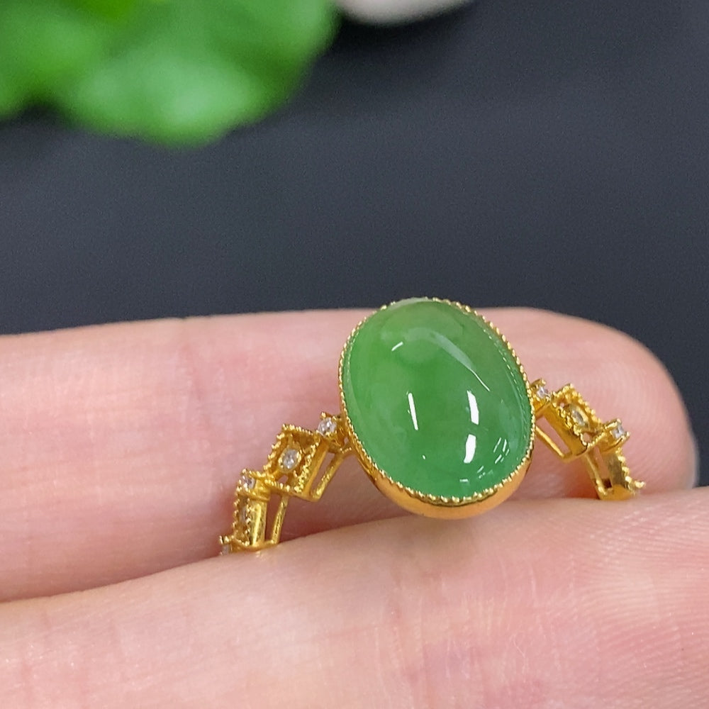 Jadeite Cabochon Solitaire Ring 18K Gold (With Diamond Accents)