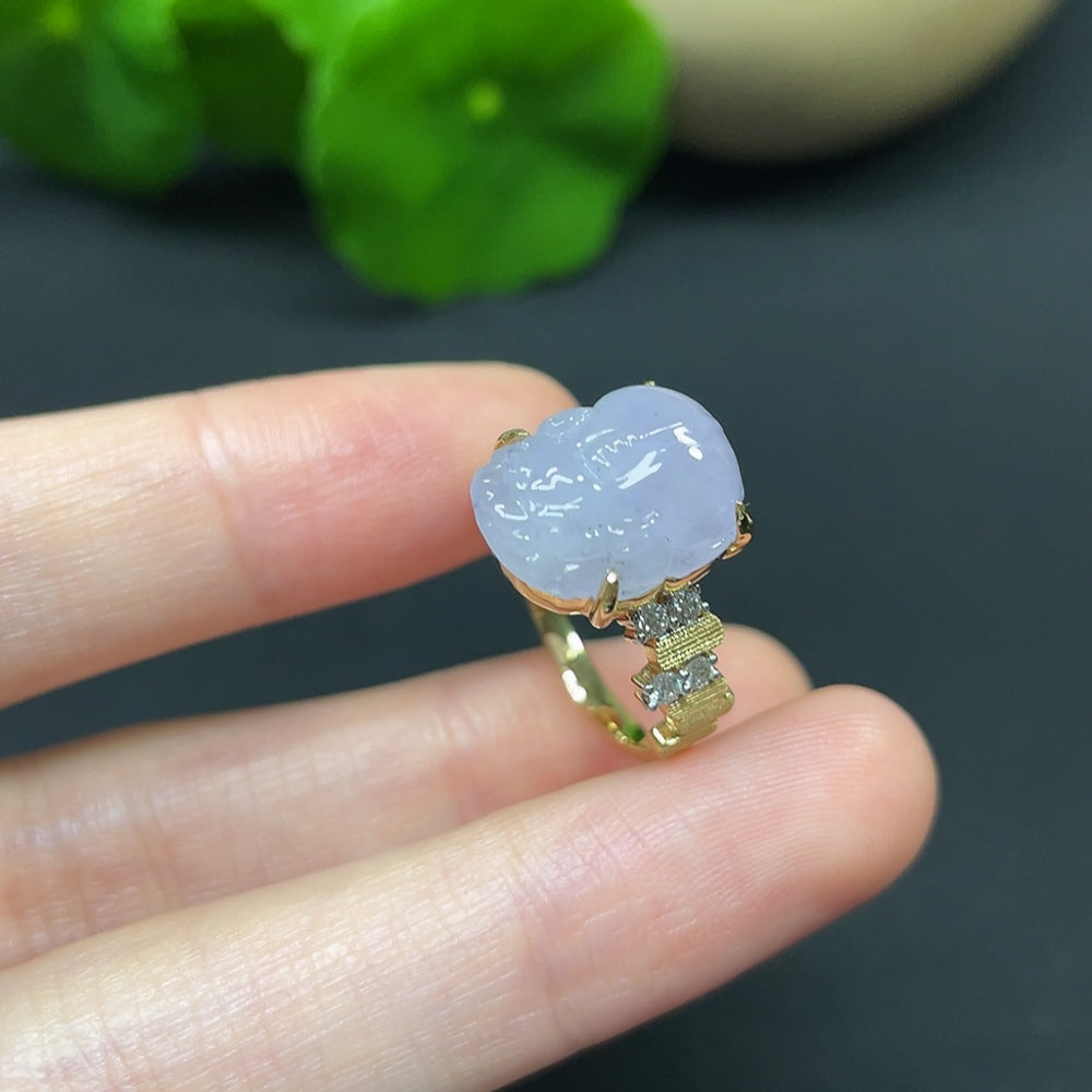 HKHQ Jadeite Pi Xiu ring in 18K gold with diamond inlay, featuring intricate design and detailed craftsmanship.
