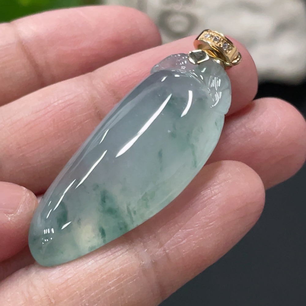 HUILIU HQ Jadeite auspicious melon pendant with diamond-accent clasp, crafted from green jade, featuring detailed carving and polished finish.