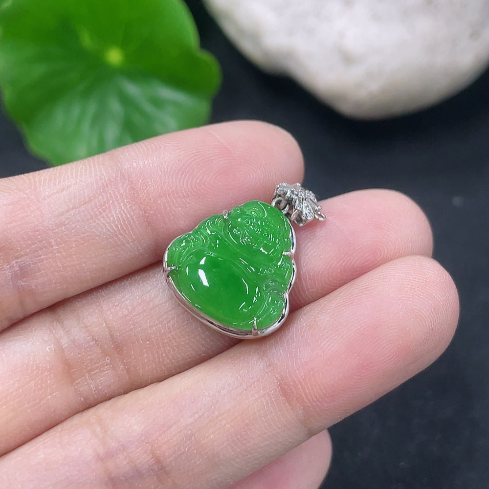 Jadeite Buddha pendant necklace with 18K gold and diamond accents, showcasing a detailed Buddha charm on a delicate chain.