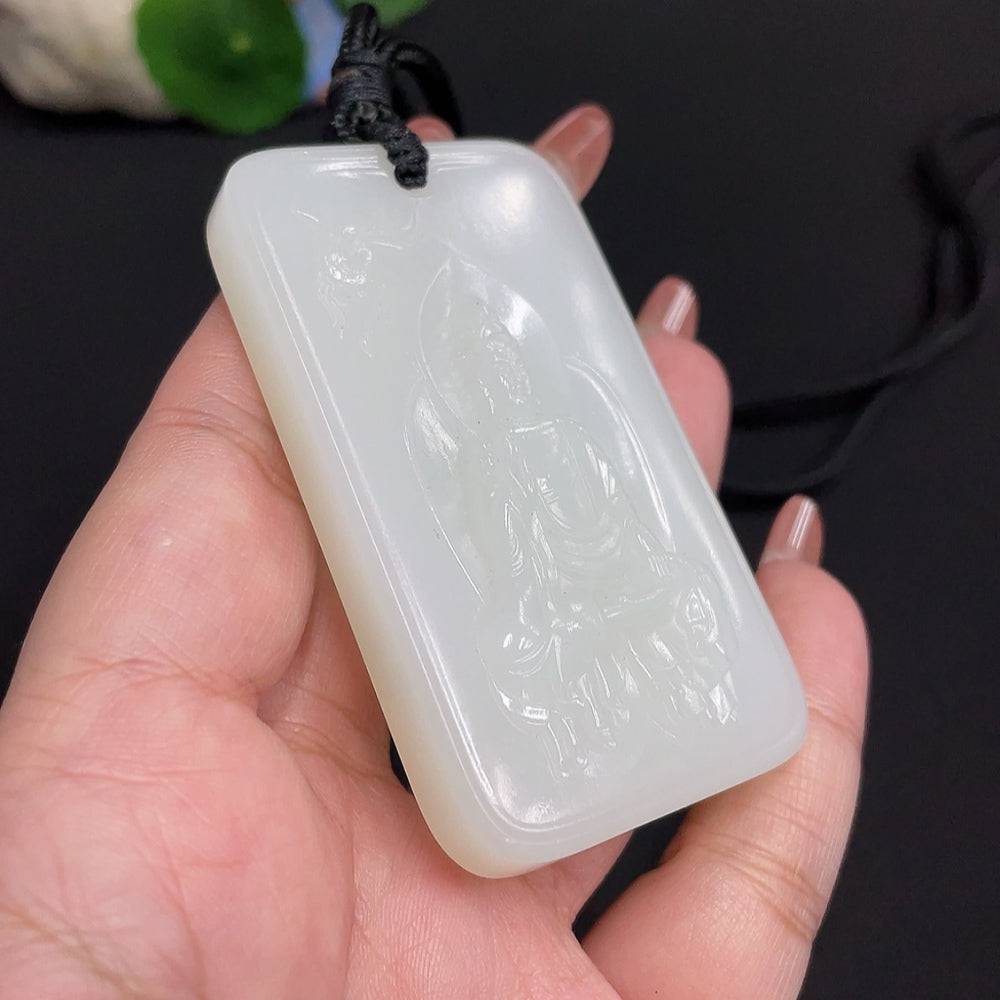 Huiliu Hetian Jade Guanyin pendant with rope, featuring smooth carved jade figure of Guanyin goddess for spiritual jewelry.