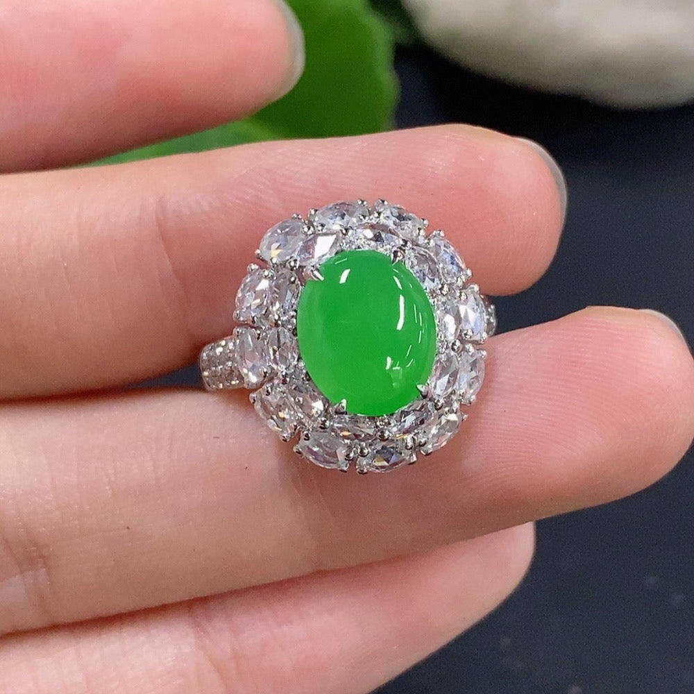 Jadeite Cabochon Solitaire Ring with 18K Gold and Diamond Accents
