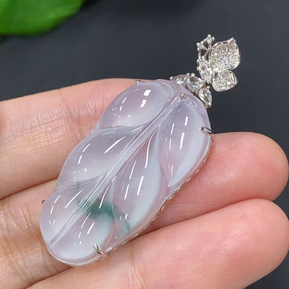 Jadeite leaf pendant necklace with 18K gold and diamond accents, elegant jewelry piece from HKHQ.