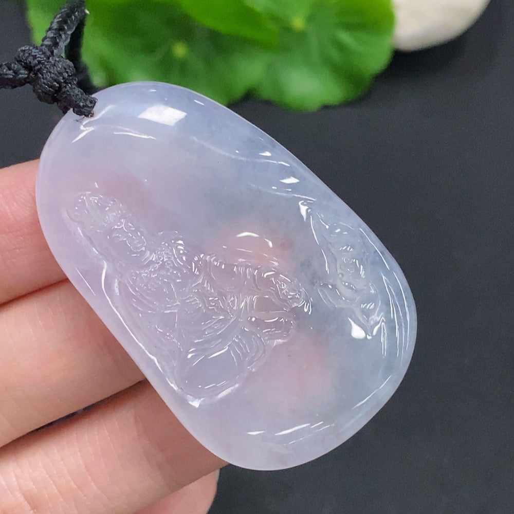 Jadeite Guanyin pendant with intricate carved figure, weighs approximately 25.3g, featuring a green jade jadeite material from HUILIU HQ.