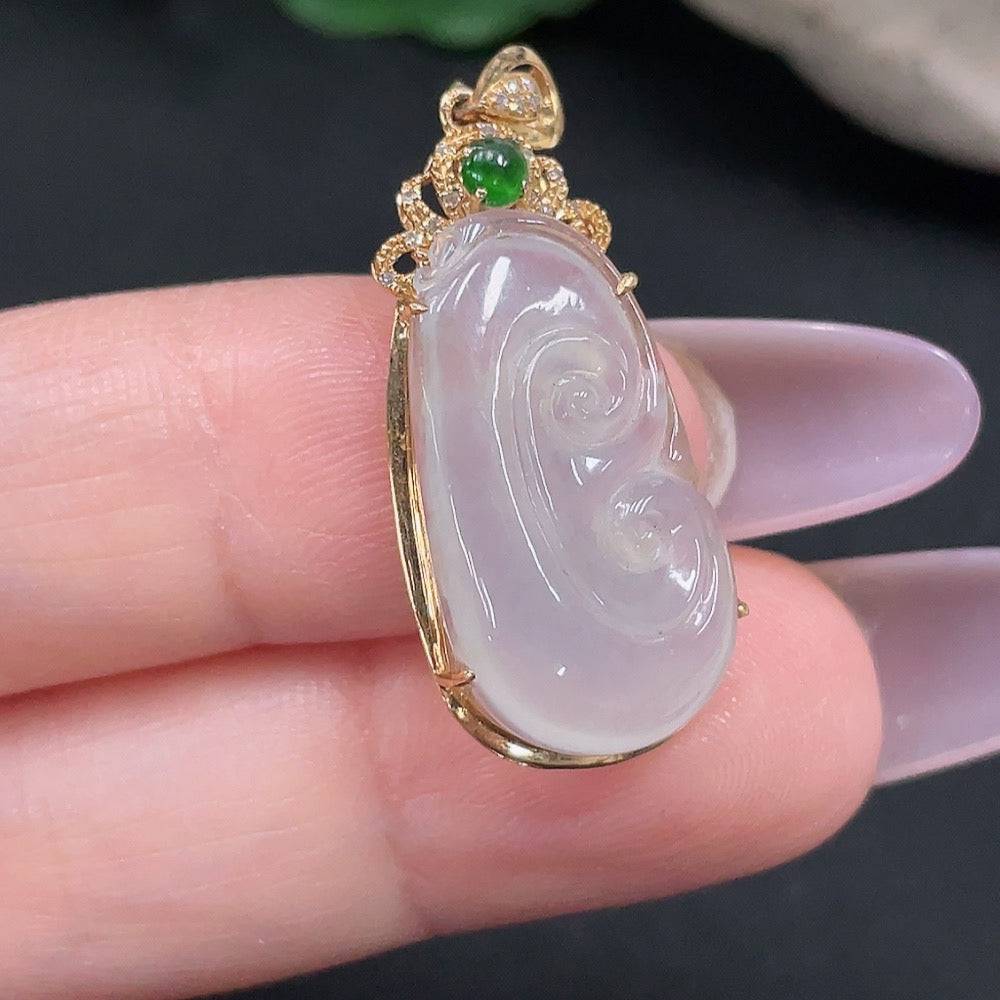 Jadeite Ruyi pendant with 18K gold and diamond accents, featuring intricate inlaid design and a total weight of 2.45g.