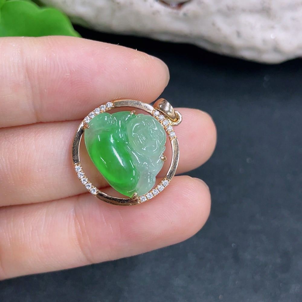 Jadeite Buddha pendant necklace by HKHQ featuring 18K gold accents and diamond details, showcasing a detailed Buddhist figure.