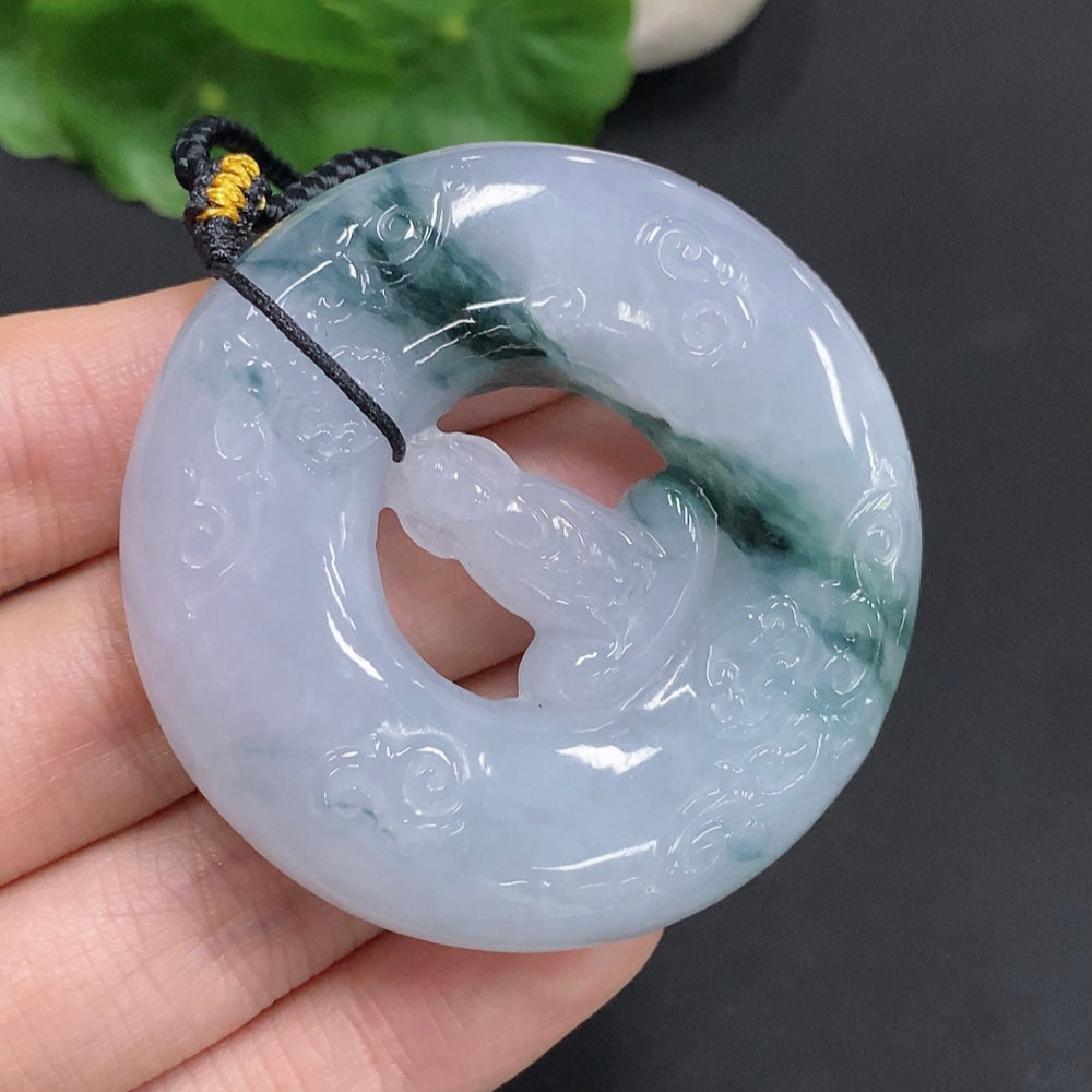 Huiliu Jadeite Enlightenment Pendant, certified jade jewelry with intricate design, showcasing smooth green jade surface.