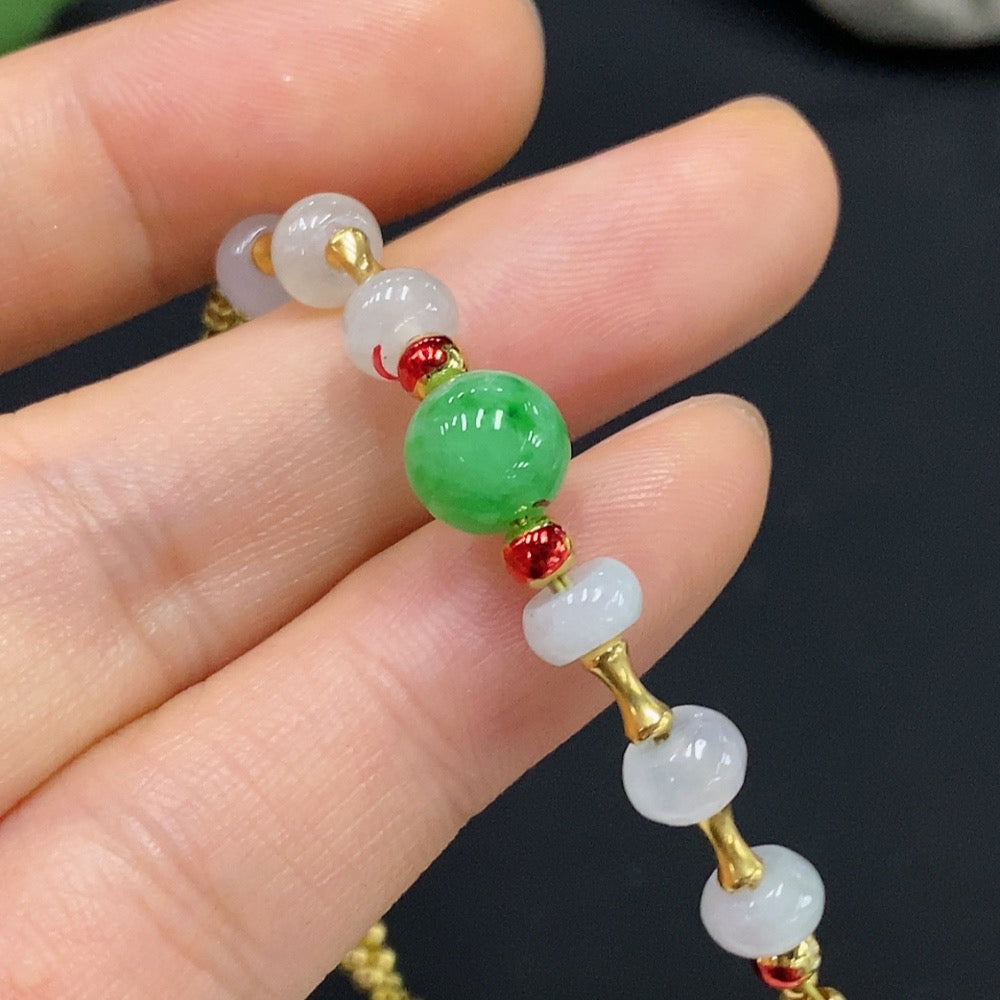 Jadeite Inlaid Bracelet Approximately 7.5/5.6mm Non-Gold Marked in Red Remaining 18k String Undetectable