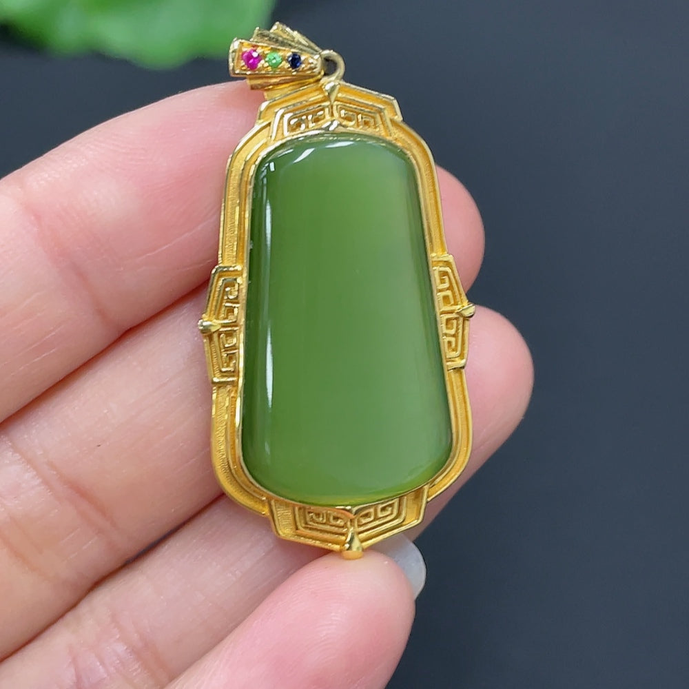 Hetian Jade Jasper Inlaid Plain Pendant . Precious Metal Affects Color | Huiliu Certified