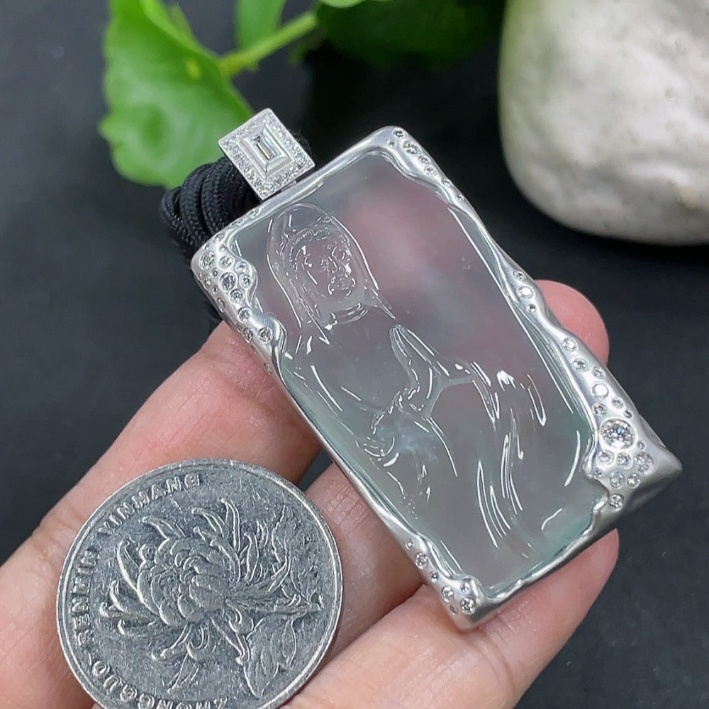 Jadeite Guanyin Pendant with 18K Gold and Diamond Setting, Total Weight Including Rope Approximately 21g, Overall Card Dimensions