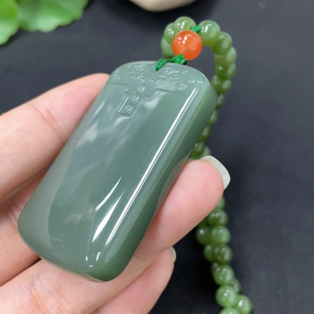 Hetian Jade Jasper Pendant Antique Plaque with Non-Hetian Jade Beads (Including Chain)