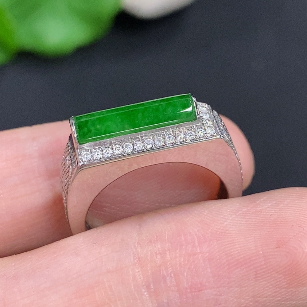 14K gold jadeite cabochon ring with diamond accents, crafted by HKHQ, showing the elegant jewelry design and smooth gemstone surface.