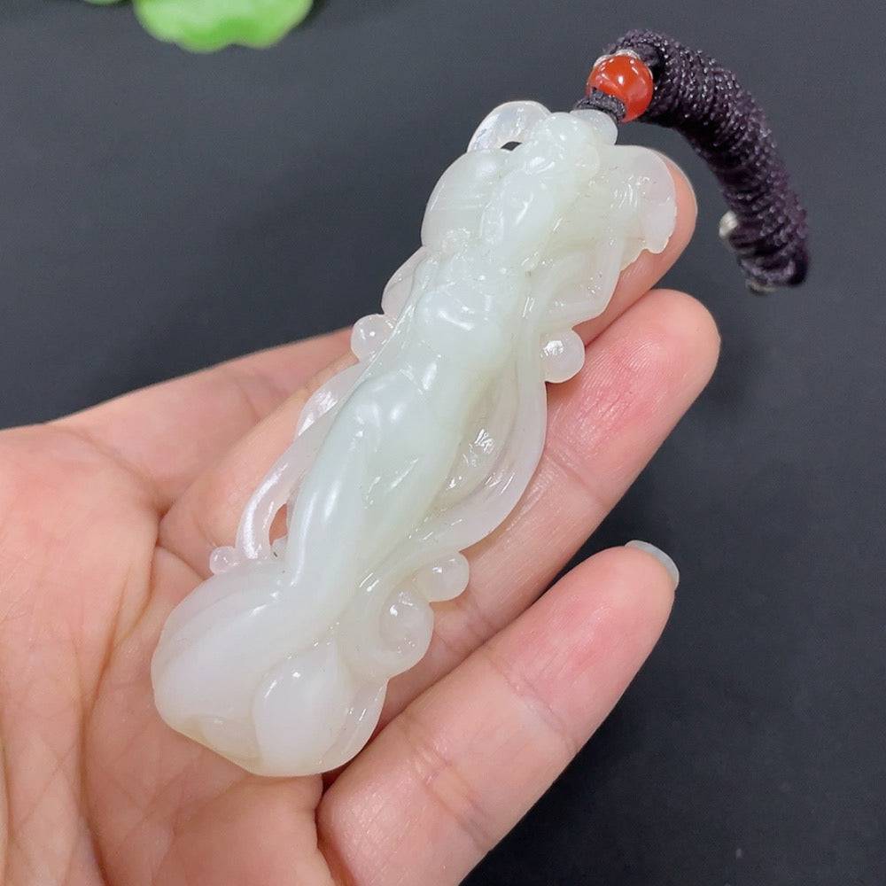 Huiliu certified Hetian jade pendant featuring a fairy design, showcasing smooth, polished green jade with intricate carved details.
