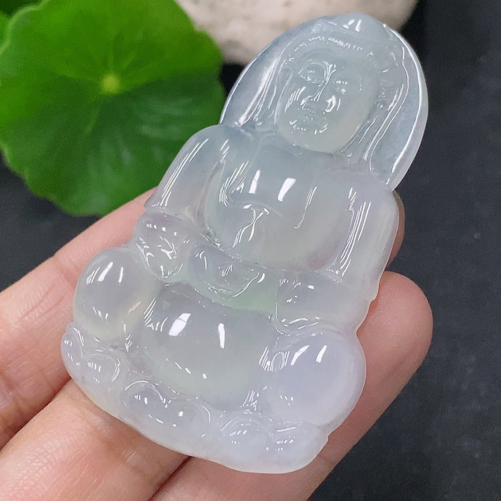 Huiliu Jadeite Pendant featuring Guanyin figure, carved from green jade, with intricate details and polished finish.