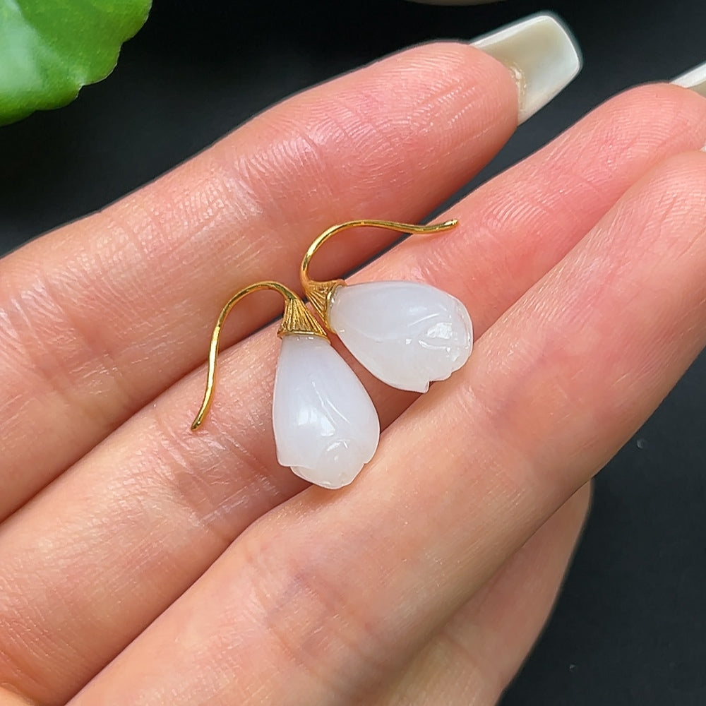 HKHQ Hetian Jade bud earrings with 18k gold, featuring delicate jade stones and a sleek, elegant design.