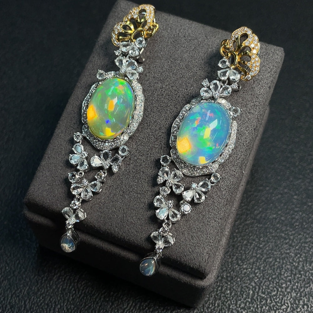 18K Opal Earrings, Color Origin Undetermined, Accent Stones Possibly Non-Natural, Diamond Accents Only Minimal Side Stones, Total Weight Approx. 27.88g