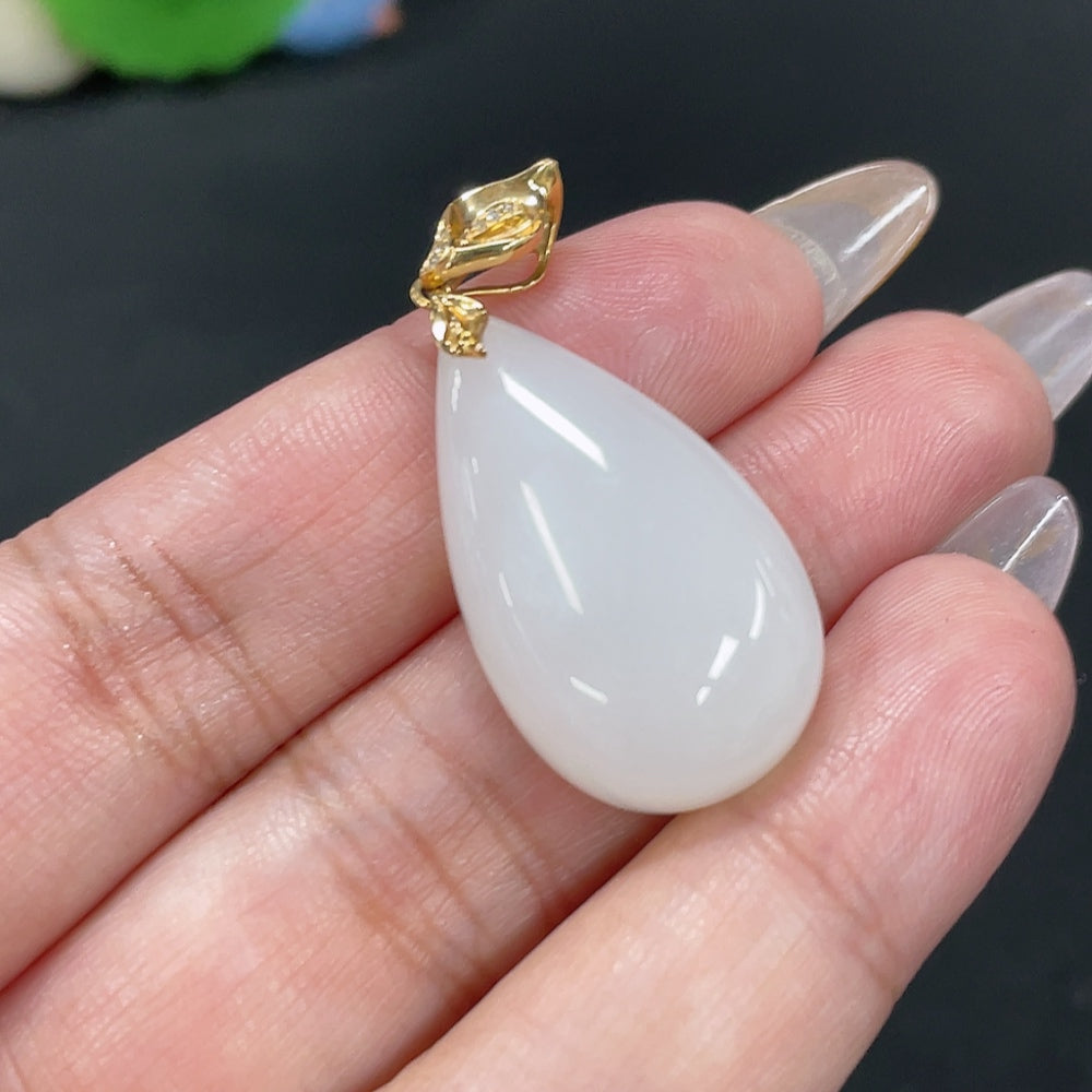 Hetian Jade Inlaid Pendant, Water Drop, ., with Diamond Accents | Huiliu Certified