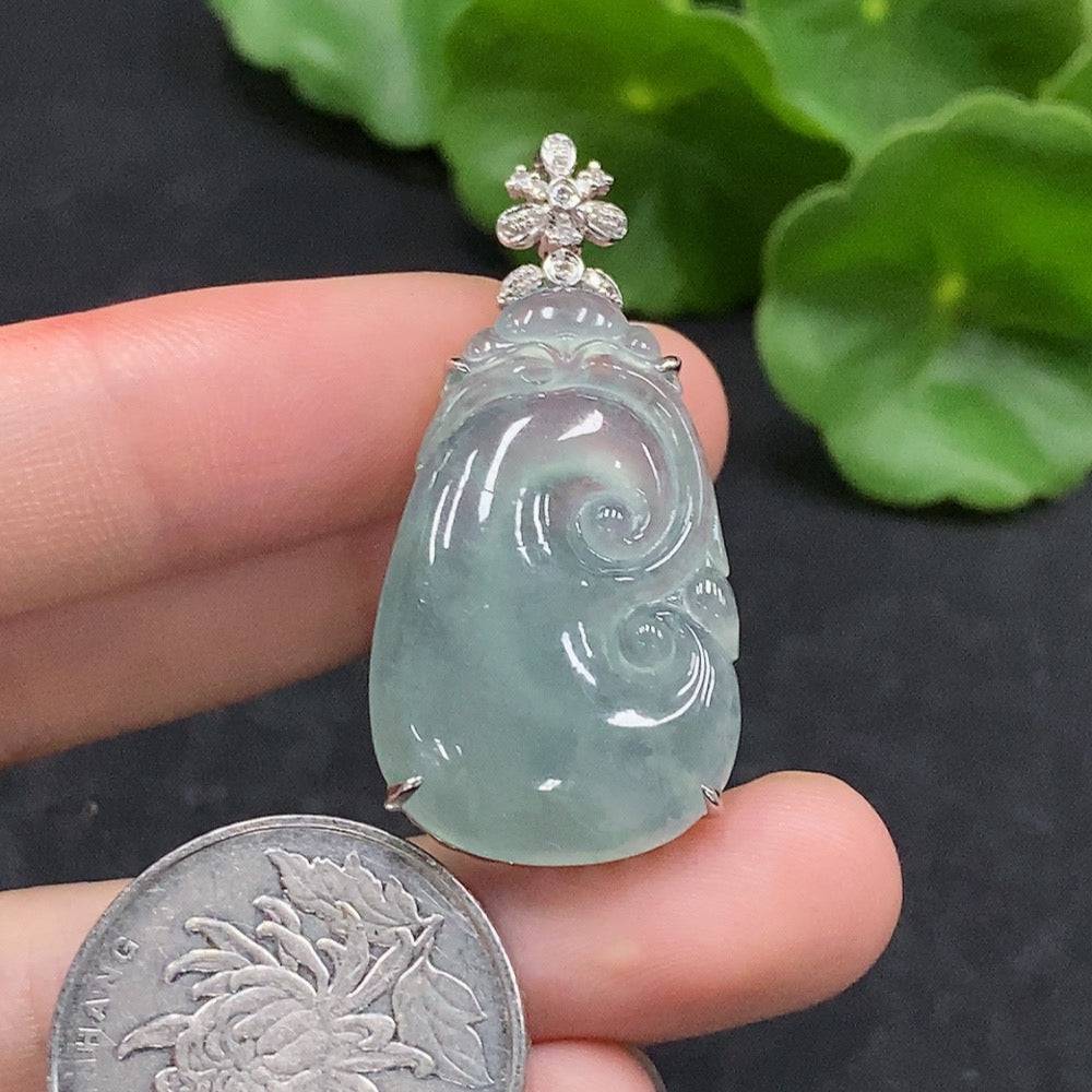 Huiliu jadeite Ruyi pendant with diamond inlay, featuring intricate carved design and vibrant green jade, certified by Huiliu HQ.