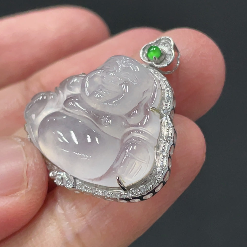 Jadeite Buddha Pendant with 18K Gold and Diamond Inlay, Total Weight Approx. 4.38g
