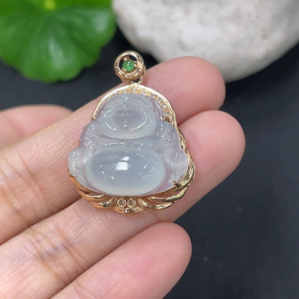 Jadeite Inlaid Buddha Pendant with and Diamond Accents, Approximately | Huiliu Certified