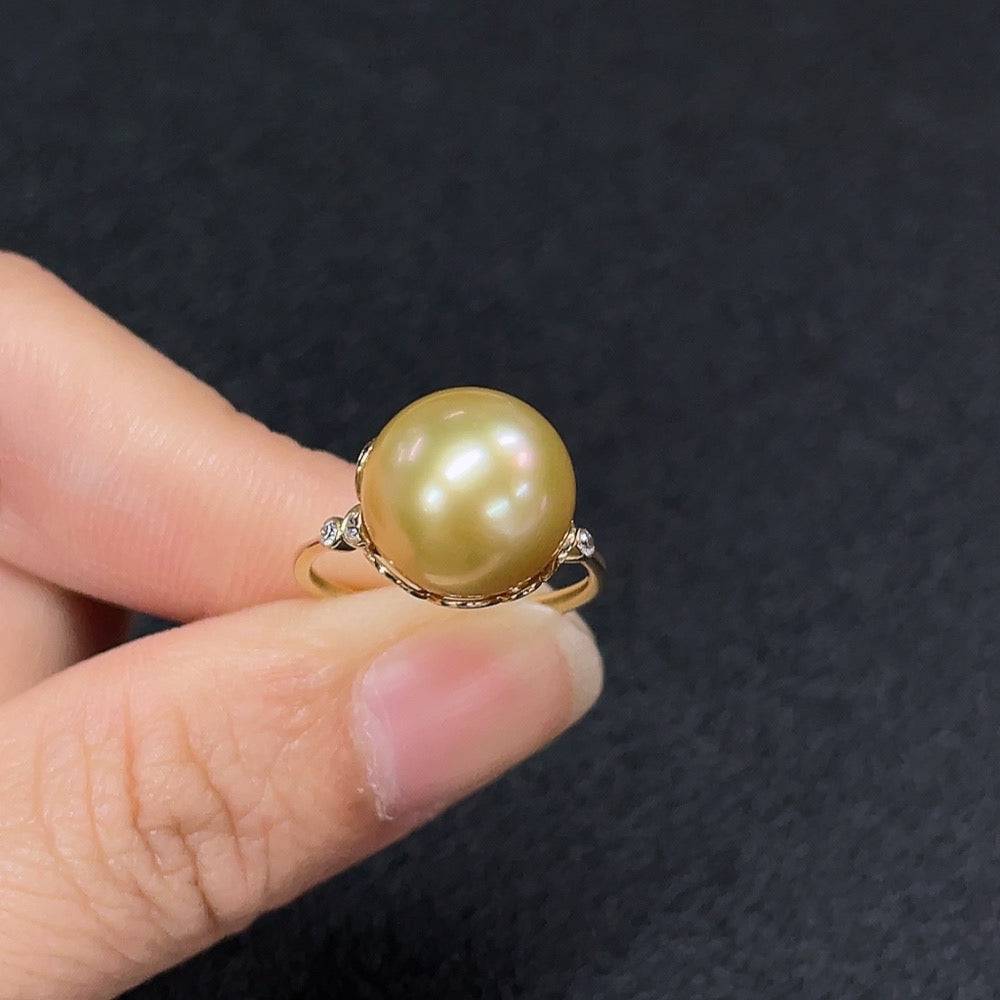 HUILIU HQ seawater pearl ring with 11.2mm pearl, gold content Au58%, size 13, elegant jewelry with natural pearl focus.