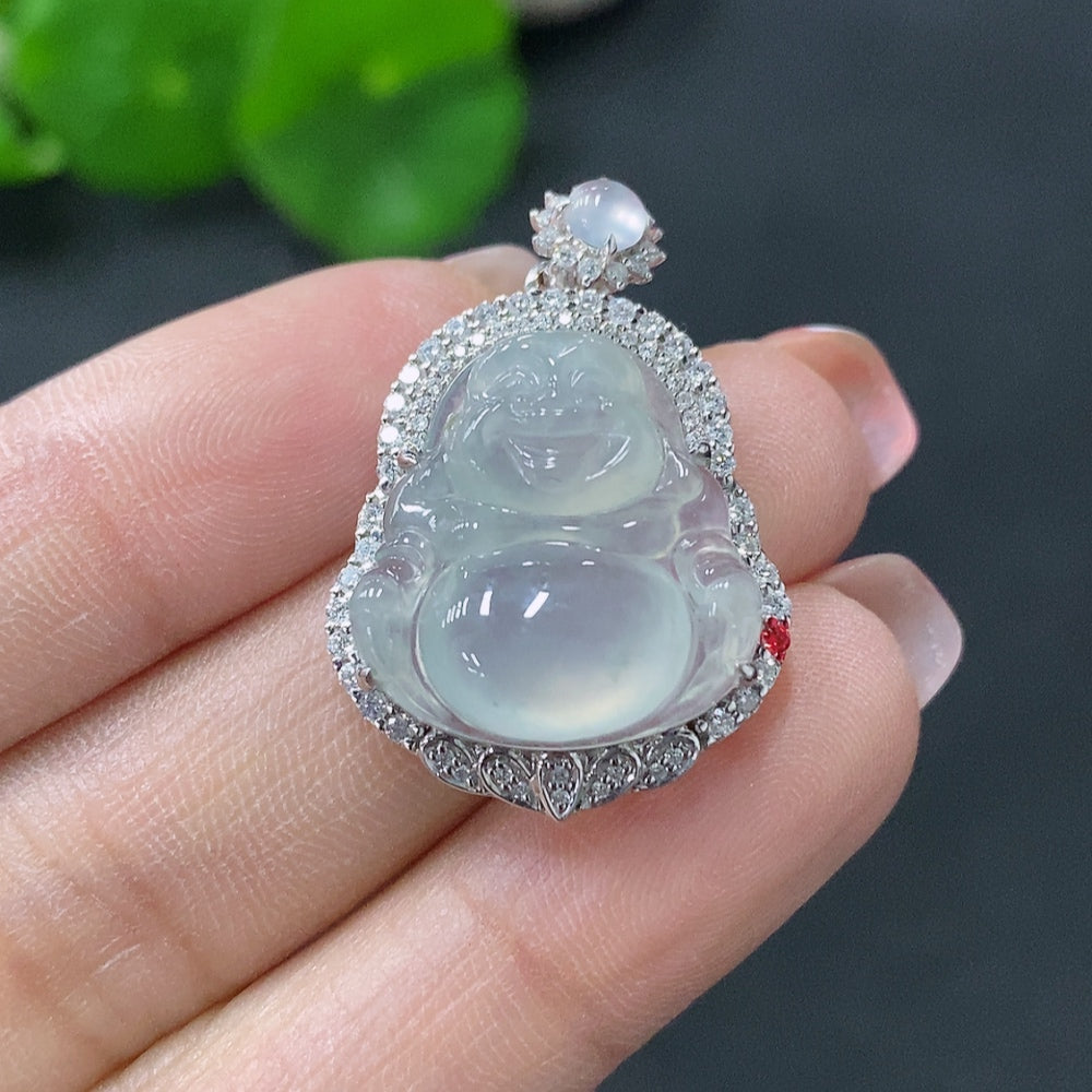 Jadeite Inlaid Buddha Pendant 18k Marked in Red for Uncertain Natural Origin Total Weight Approx. 5.13g