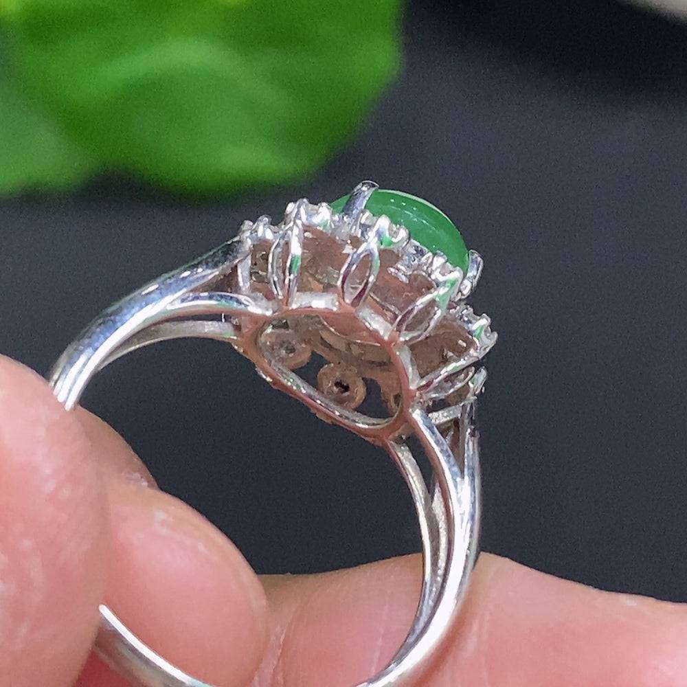 Jadeite cabochon solitaire ring by HUILIU HQ with diamond accents, 18K gold band, size 14, weight approx. 4.9g, shown on a white background.