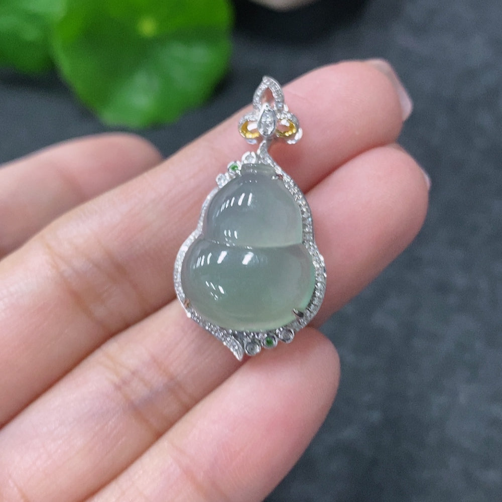 Jadeite Inlaid Gourd Pendant with Diamond Accents Colorless . | Huiliu Certified
