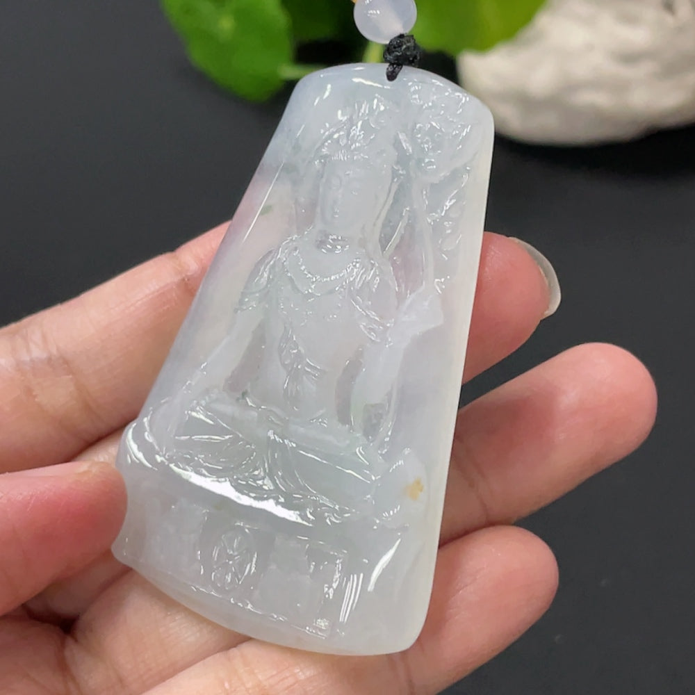 Jadeite Guanyin pendant plaque with beads, crafted from jade, weighing approximately 26.8g, by HUILIU HQ.