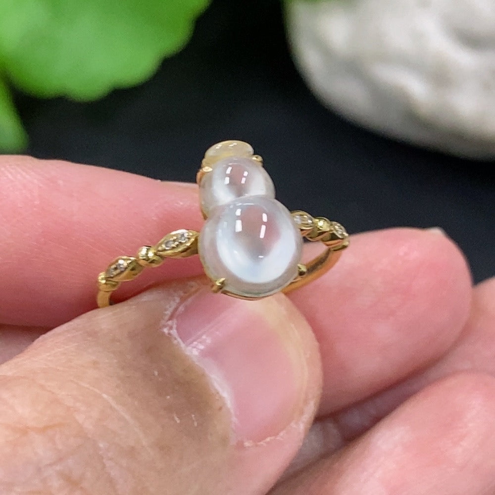 Jadeite gourd ring with 18K gold band, non-diamond, elegant jewelry piece from HKHQ featuring smooth green jadeite design