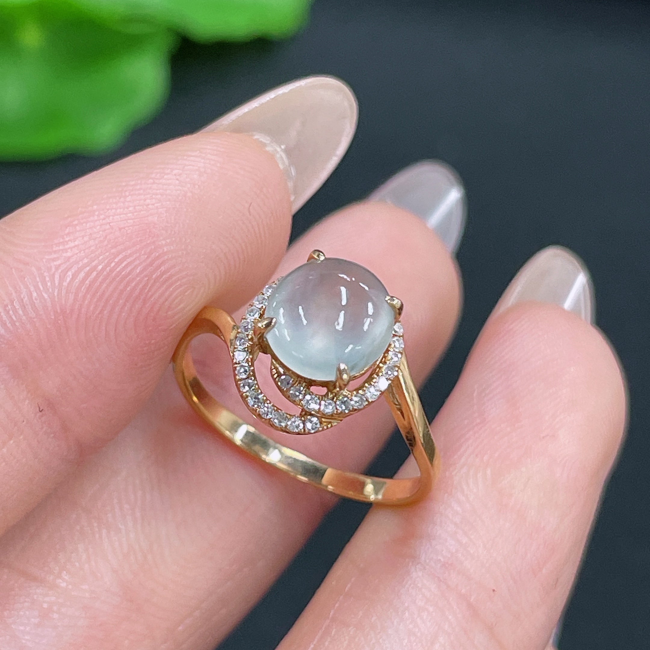 Jadeite Ring 18k Gold Setting with Diamond Accent, Total Weight Approx. 2.3g, Size 12