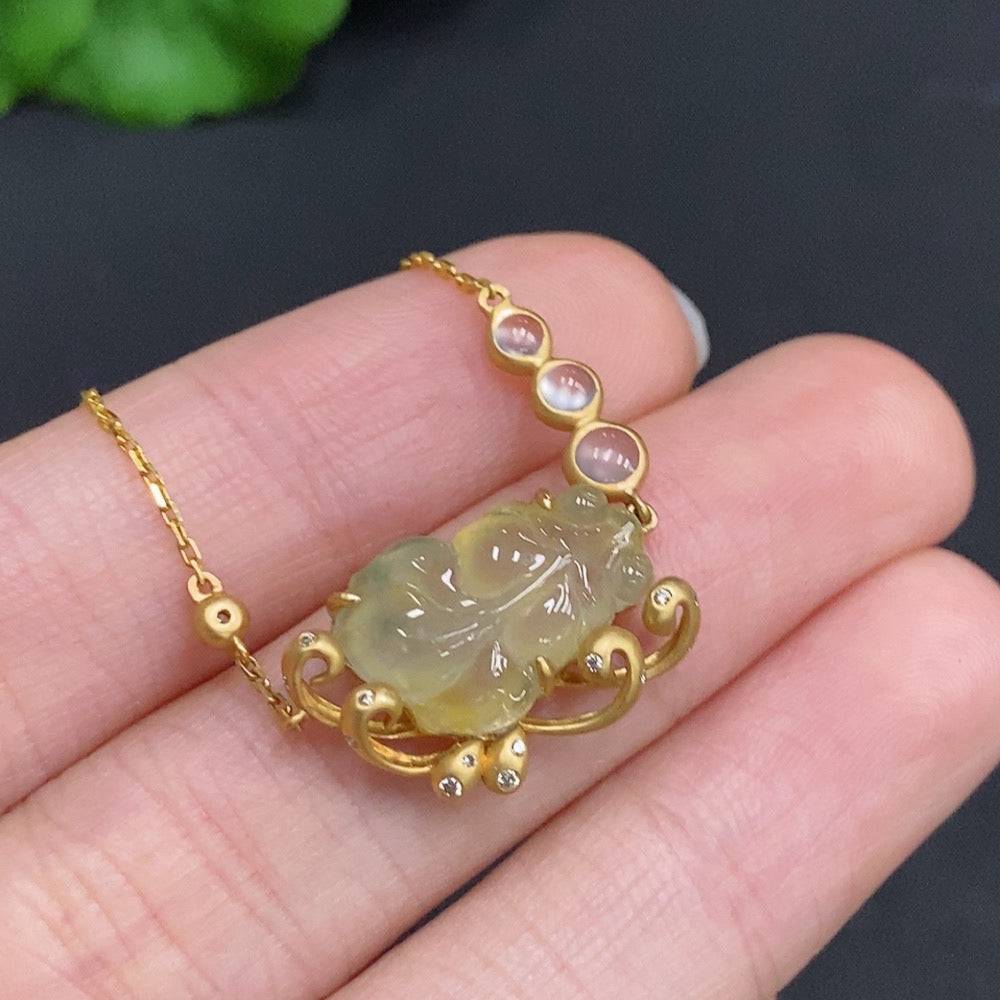Huiliu Jadeite and jade full house pendant with diamond accents on chain, featuring intricate inlay work and certification details.