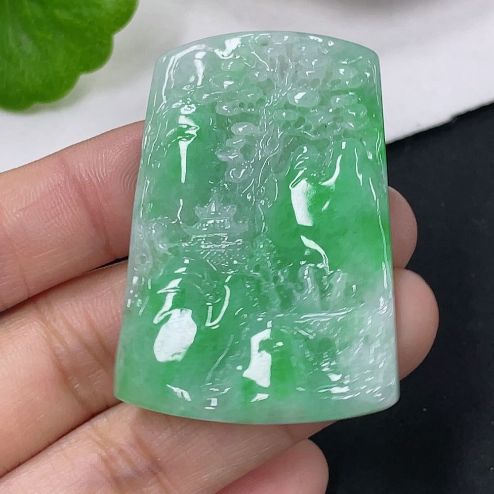 Jadeite pendant with landscape plaque design, handcrafted jade jewelry by HUILIU HQ, weighing approximately 16.93g.