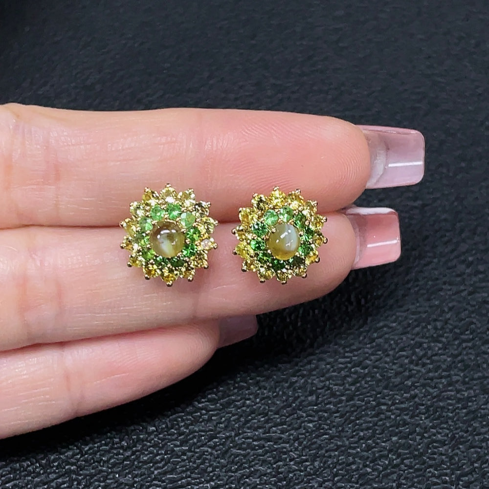 Chrysoberyl Ear Studs Only Cabochon 18K Gold Total Weight Approx. 4.17g