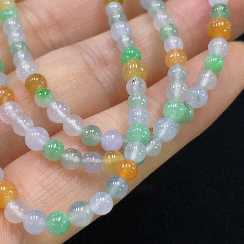 Jadeite bead necklace with 3.8mm jade beads, non-gold, weighing approximately 15.44g, from HUILIU HQ, displayed in close-up image.